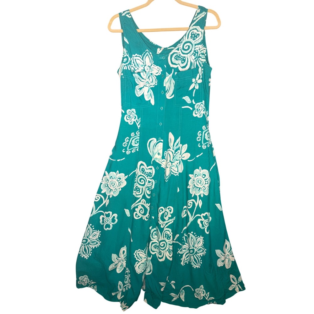 QPS Teal Green Floral Hibiscus Rayon Button Front Maxi Sun Dress Women Size 8